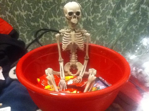 Spooky's skeleton greeted kids in the bowl.